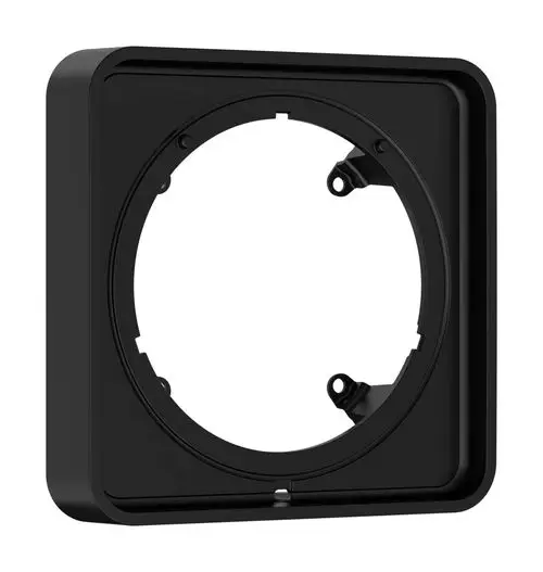 Schwarze Verlängerungsrosette von Hansgrohe ohne sichtbare Maße. Mit mittlerem Loch für Montage und Aufhängungen an den Seiten zur Befestigung.